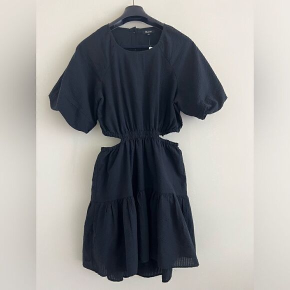 NWT Madewell with FLAWS Seersucker Puff-Sleeve Cutout Mini Dress in Black Size L - Picture 3 of 11